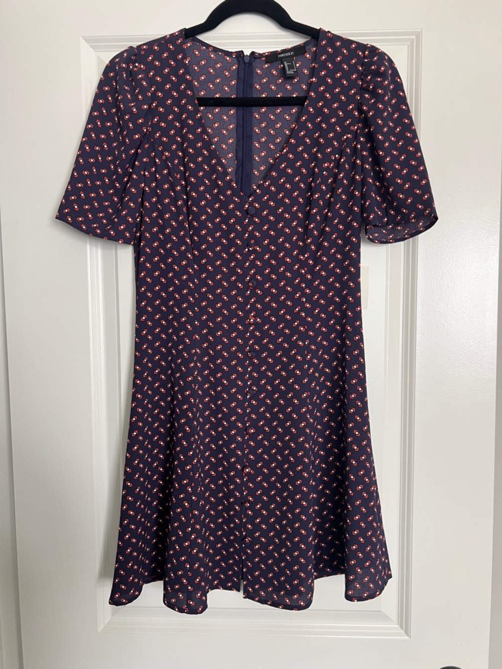 Forever 21 Navy V Neck Mini Dress with Buttons & Dot Pattern Print small NWOT